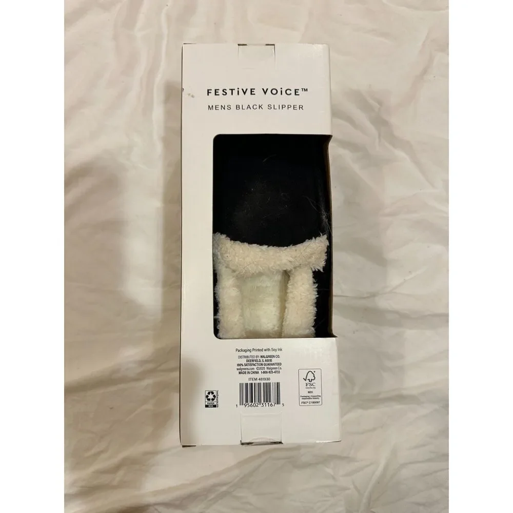 Festive Voice Mens Black Memory Foam Faux Shearling Slippers XL 11-12 NIB